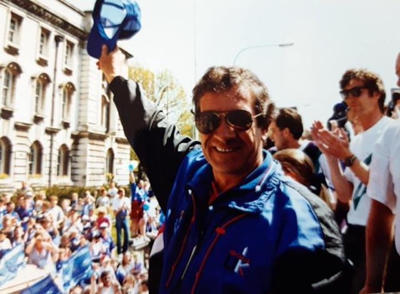 A photograph of Danny Bergara waving to Stockport County fans after securing promotion from the old fourth division.