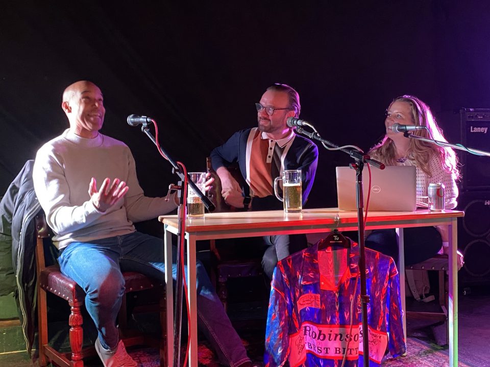 A photograph of ex Stockport County player Andy Preece with Nik and Hannah from SK3TV.
