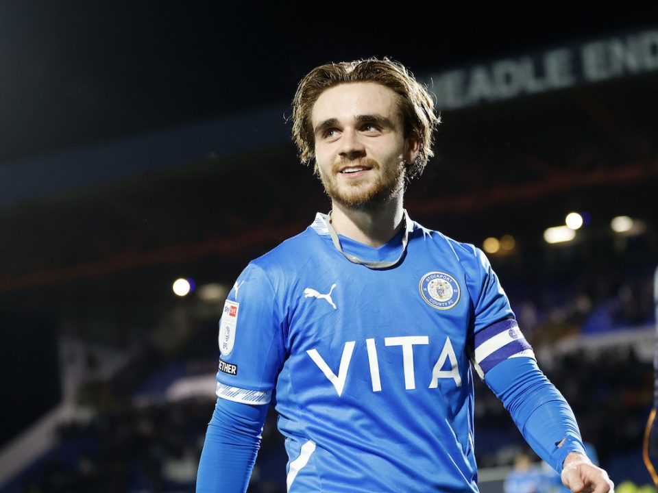A photograph Stockport County player Lewis Bate.